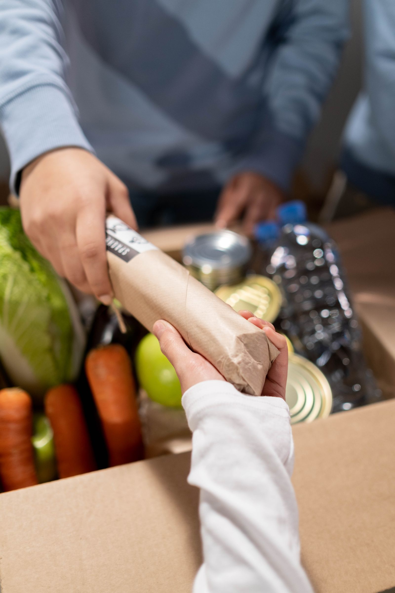 Hands sharing a carefully prepared box of food aid