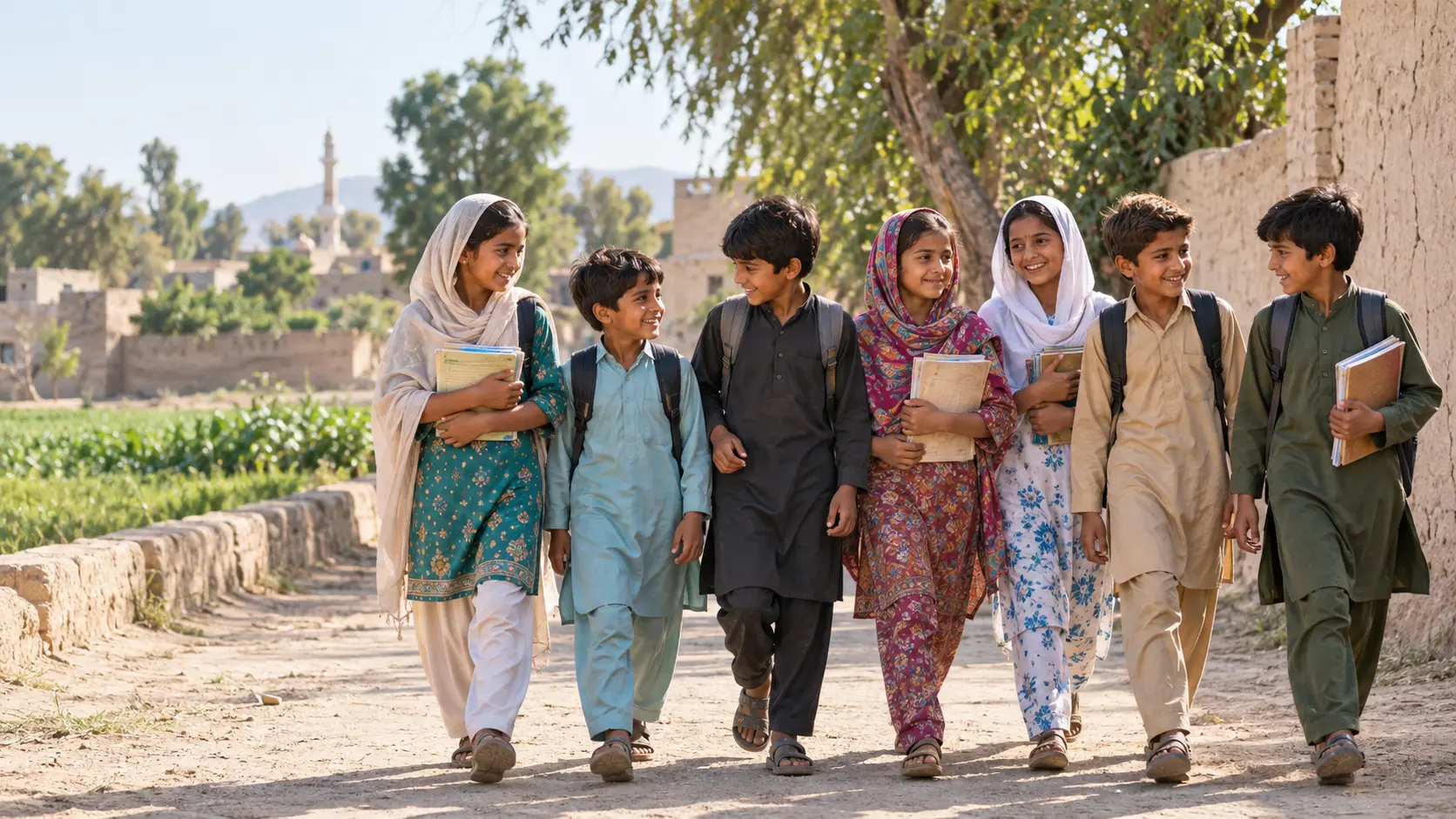 Pakistani children walking together with books in their community