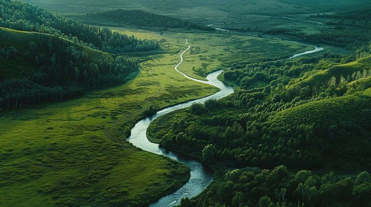 A green landscape crossed by a winding river
